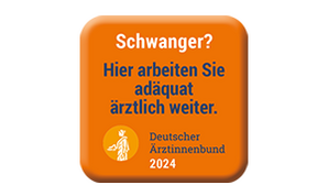 Logoe DAEB: Aufschrift: Schwanger? Hier arbeiten Sie adäquat ärztlich weiter. Deutsche Ärzteverband