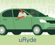 Für mehr Informationen hier klicken Illustration: Eine Person blickt lächelnd aus einem grünen Auto