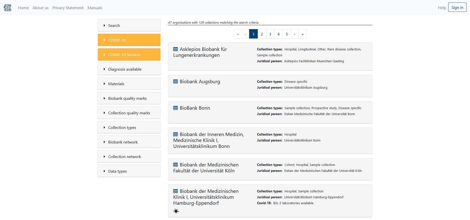 Ansicht der Liste German Biobank Directory