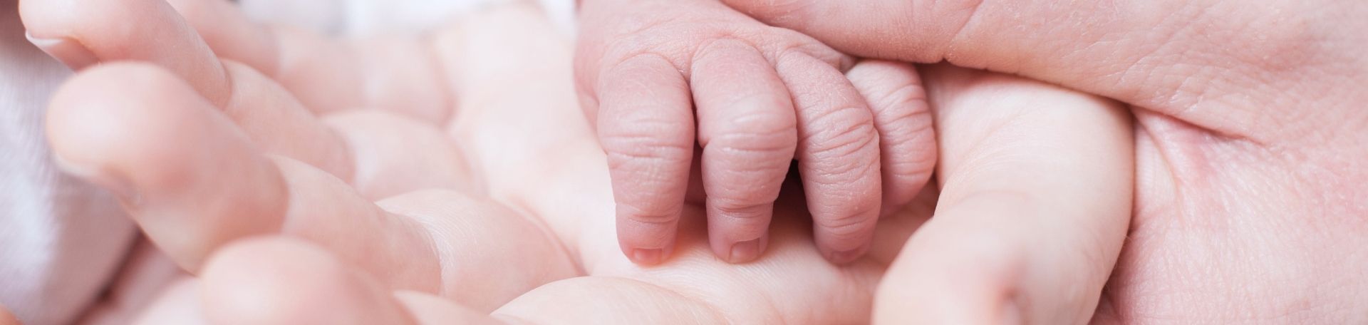 Baby und Eltern Hände Nahaufnahme der Hand eines Babys, die von beiden Händen der Eltern gehalten wird