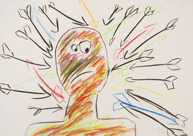 So sieht ein von ADHS betroffener Jugendlicher seine Situation: Die schwarzen Pfeile symbolisieren die Überflutung von außen, während die bunten Pfeile für seine Reaktion darauf stehen. Das Bild stammt aus der Therapiearbeit der Klinik und Poliklinik für Kinder- und Jugendpsychiatrie, Psychosomatik und Psychotherapie des Uniklinikums Würzburg.