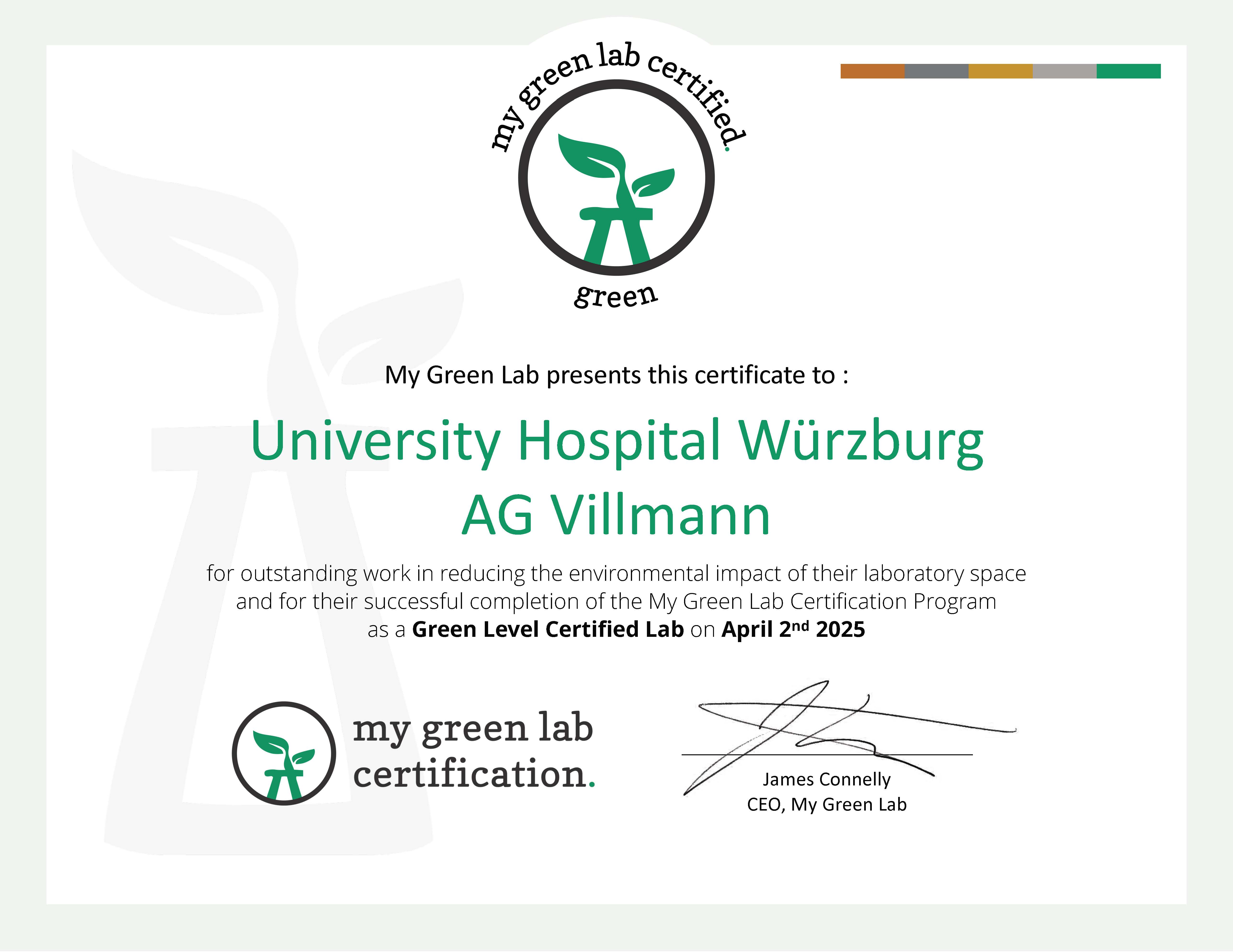 MyGreenLab-Zertikat für die AG Villmann. Das Logo der MyGreenLab-Initiative ist eine Pflanze in einem Reagenzglas.