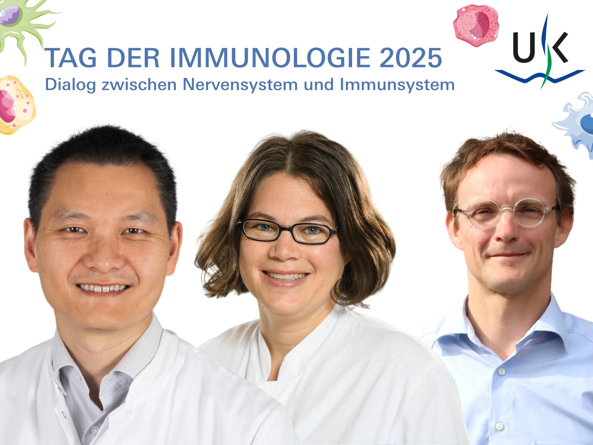 Collage aus drei freigestellten Porträts der Forschenden mit kleinen Grafiken von Immunzellen und der Überschrift Tag der Immunologie 