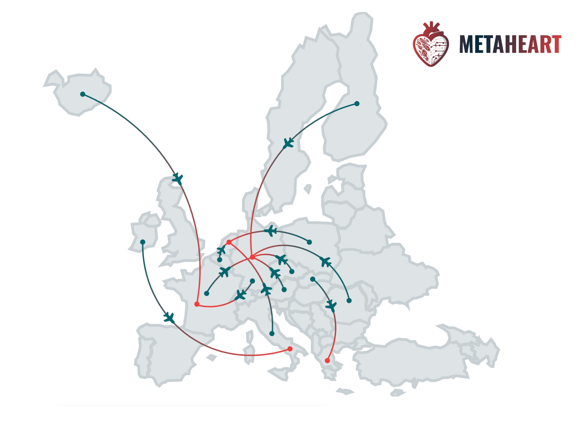 eine hellgraue Landkarte von Europa mit Flugzeugstrecken von Ländern zu anderen Ländern, um die Forschungsaufenthalte zu verdeutlichen. 