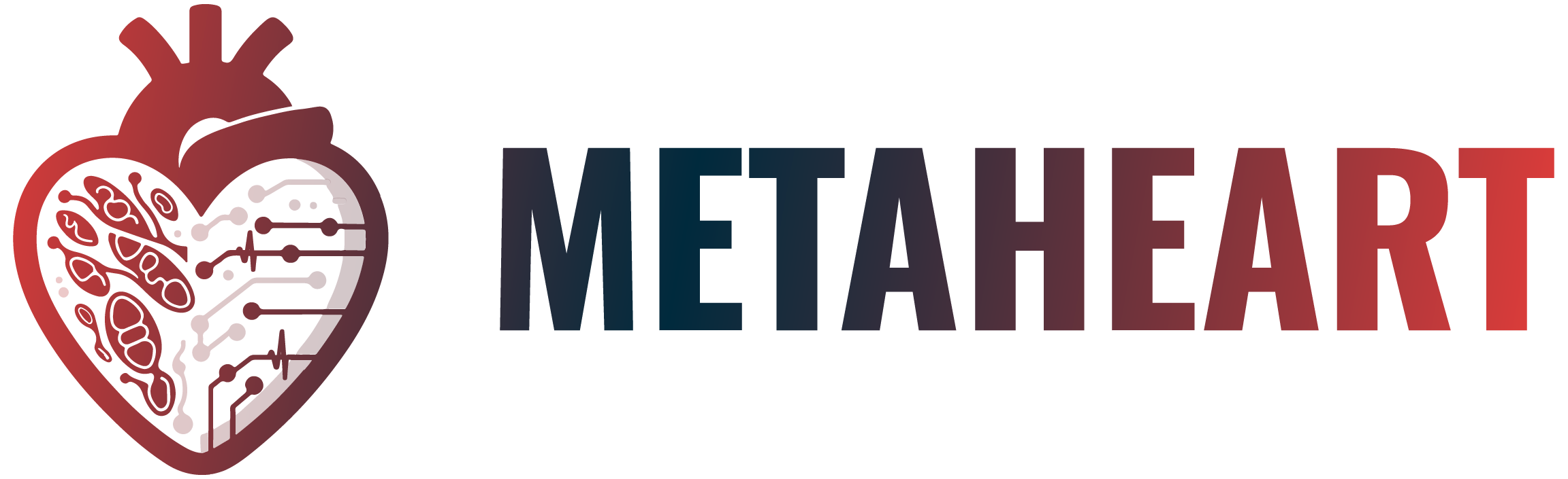 Ein Herz und ein Schriftzug METAHEART mit Verlauf von blau zu rot 